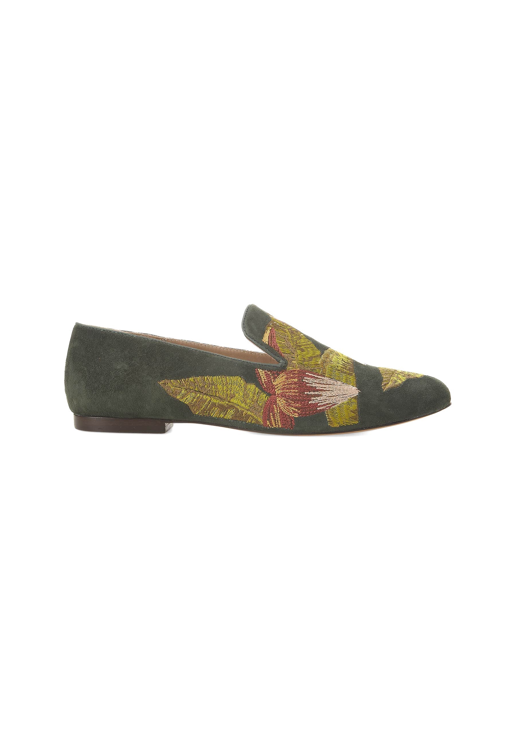 Green Suede Embroidered Loafers – Elegant Women’s Flat Shoes